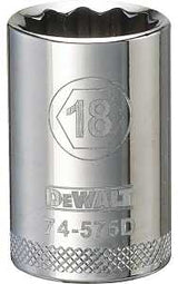 DEWALT DWMT74575OSP Drive Hand Socket, 18 mm Socket, 1/2 in Drive, 12-Point, Steel, Polished Chrome Vanadium