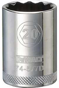 DEWALT DWMT74577OSP Drive Hand Socket, 20 mm Socket, 1/2 in Drive, 12-Point, Steel, Polished Chrome Vanadium
