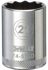 DEWALT DWMT74578OSP Drive Socket, 21 mm Socket, 1-1/2 in OAL, 1/2 in Drive, 12-Point, Vanadium Steel, Polished Chrome