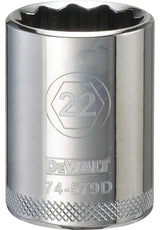 DEWALT DWMT74579OSP Drive Hand Socket, 22 mm Socket, 1/2 in Drive, 12-Point, Steel, Polished Chrome Vanadium