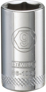 DEWALT DWMT86106OSP Drive Hand Socket, 9 mm Socket, 1/4 in Drive, 6-Point, Steel, Polished Chrome Vanadium