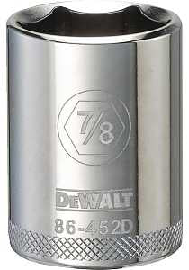 DEWALT DWMT86452OSP Drive Hand Socket, 7/8 in Socket, 1/2 in Drive, 6-Point, Steel, Polished Chrome Vanadium