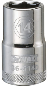 DEWALT DWMT86514OSP Drive Socket, 14 mm Socket, 1-1/2 in OAL, 1/2 in Drive, 6-Point, Vanadium Steel, Polished Chrome