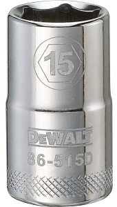 DEWALT DWMT86515OSP Drive Socket, 15 mm Socket, 1-1/2 in OAL, 1/2 in Drive, 6-Point, Vanadium Steel, Polished Chrome