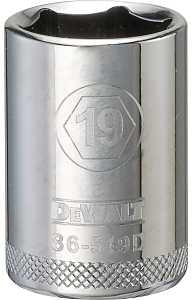DEWALT DWMT86519OSP Drive Socket, 19 mm Socket, 1-1/2 in OAL, 1/2 in Drive, 6-Point, Vanadium Steel, Polished Chrome
