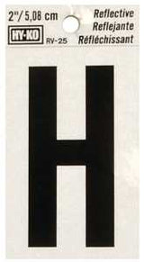Hy-Ko RV-25/H Reflective Letter, 1-1/2 in W x 3 in H Dimensions, Character: H, 2 in H Character, Black Character, Vinyl, Pack of 10