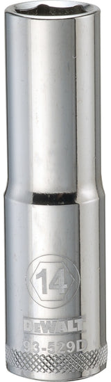 DEWALT DWMT93529OSP Drive Socket, 14 mm Socket, Deep Socket, 3-1/8 in OAL, 1/2 in Drive, 6-Point, Vanadium Steel