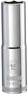 DEWALT DWMT93530OSP Drive Socket, 15 mm Socket, Deep Socket, 3-1/8 in OAL, 1/2 in Drive, 6-Point, Vanadium Steel