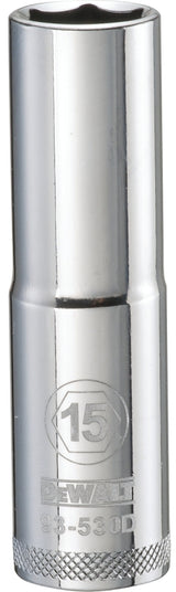 DEWALT DWMT93530OSP Drive Socket, 15 mm Socket, Deep Socket, 3-1/8 in OAL, 1/2 in Drive, 6-Point, Vanadium Steel