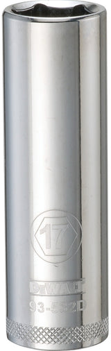 DEWALT DWMT93532OSP Drive Socket, 17 mm Socket, Deep Socket, 3-1/8 in OAL, 1/2 in Drive, 6-Point, Vanadium Steel