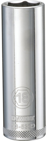DEWALT DWMT93533OSP Drive Socket, 18 mm Socket, Deep Socket, 3-1/8 in OAL, 1/2 in Drive, 6-Point, Vanadium Steel
