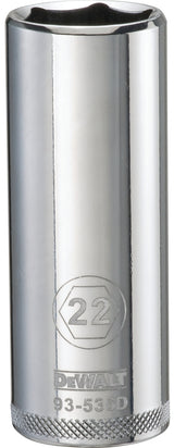 DEWALT DWMT93536OSP Drive Socket, 22 mm Socket, Deep Socket, 3-1/8 in OAL, 1/2 in Drive, 6-Point, Vanadium Steel