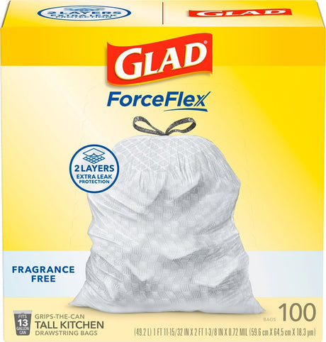 Glad ForceFlex Series 22540 Fragrance-Free Trash Bag, 13 gal, Plastic