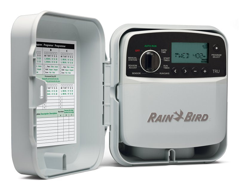 Rain Bird TRU Series TRU8O Programmable Irrigation Controller, 120 V, 8-Zone, 3-Program, Digital Display, Screw, White