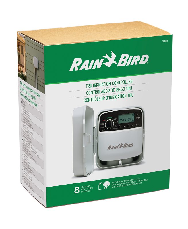 Rain Bird TRU Series TRU8O Programmable Irrigation Controller, 120 V, 8-Zone, 3-Program, Digital Display, Screw, White