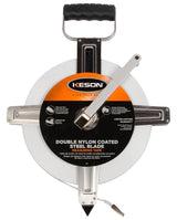 Keson SNR18300 Tape Measure, 300 ft L Blade, 3/8 in W Blade, Steel Blade, Stainless Steel Case, Chrome Case