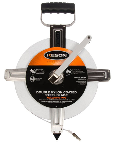 Keson SNR18300 Tape Measure, 300 ft L Blade, 3/8 in W Blade, Steel Blade, Stainless Steel Case, Chrome Case