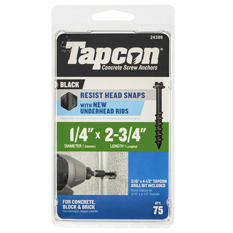 Tapcon 24389 Concrete Screw Anchor, 1/4 in Dia, 2-3/4 in L, Steel, Climaseal