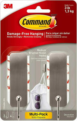 Command 17034BN-2ES Medium Adhesive Hook, 3 lb, 2-Hook, Metal, Brushed Nickel