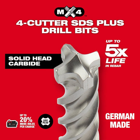 Milwaukee MX4 48-20-7210 4-Cutter Rotary Hammer Drill Bit, 3/4 in Dia, 8 in OAL, 13/32 in Dia Shank