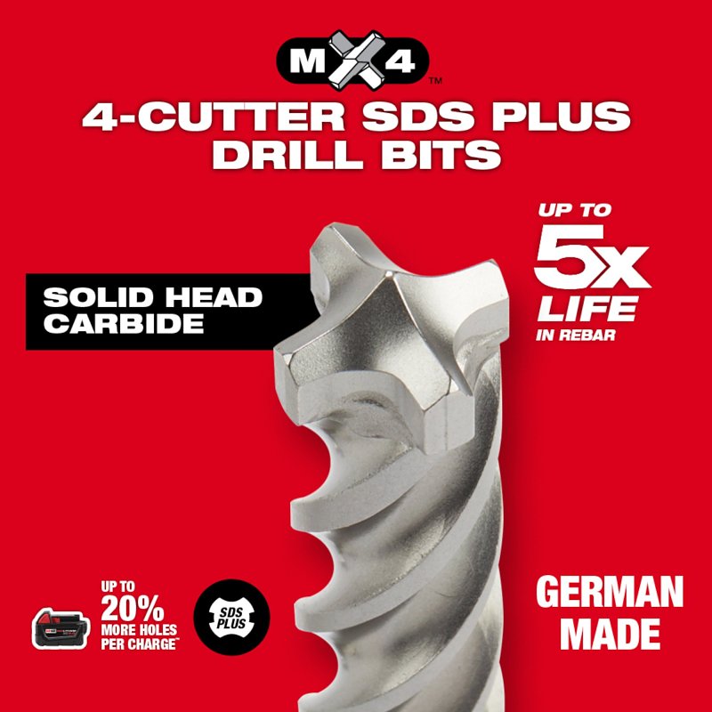 Milwaukee MX4 48-20-7228 Hammer Drill Bit, 7/8 in Dia, 10 in OAL, 4-Cutter, Variable Flute, 13/32 in Dia Shank, SDS Plus Shank