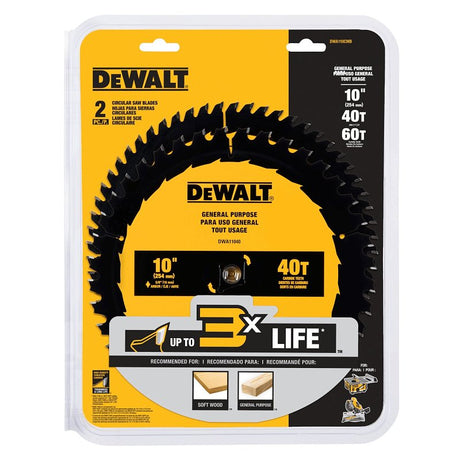 DEWALT DWA110CMB Series Circular Saw Blade Set, Specifications: 5/8 in Arbor Size, 0.094 in Kerf, 60 Teeth, Carbide