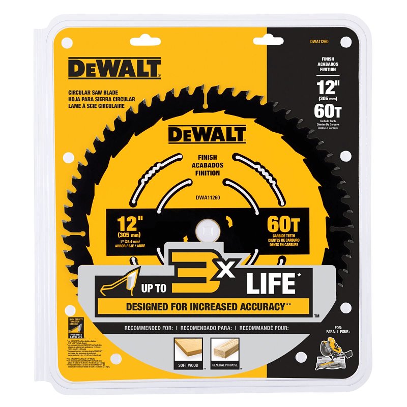 DEWALT DWA11260 Saw Blade, 12 in Dia, 1 in Arbor, 60-Teeth, Carbide Cutting Edge