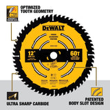DEWALT DWA11260 Saw Blade, 12 in Dia, 1 in Arbor, 60-Teeth, Carbide Cutting Edge