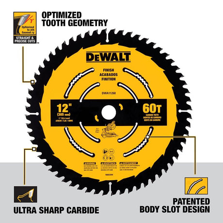 DEWALT DWA11260 Saw Blade, 12 in Dia, 1 in Arbor, 60-Teeth, Carbide Cutting Edge