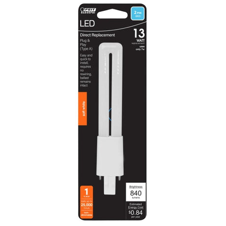 Feit Electric BPPL13/827/LEDG2HDRP LED Bulb, Double Twin Tube, PL Lamp, GX24Q-1 Lamp Base, Non-Dimmable, Soft White