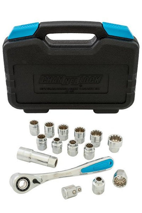 Channellock 39100 Socket Set, Steel, Chrome, Specifications: 3/8 in Drive Size