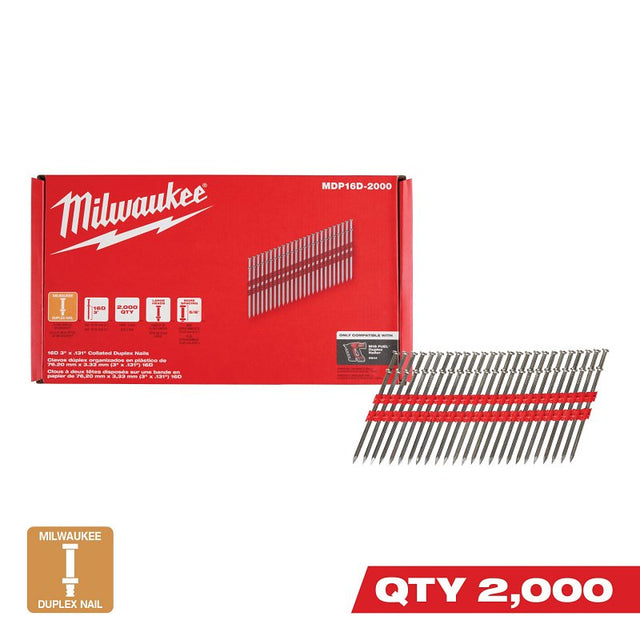 Milwaukee MDP16D-2000 Collated Duplex Nail, 16D, 3-5/8 in L, Steel, Silver, Round Head, Smooth Shank