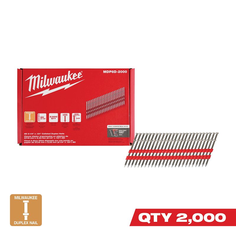 Milwaukee MDP8D-2000 Collated Duplex Nail, 8D, 2-7/8 in L, Steel, Silver, Round Head, Smooth Shank