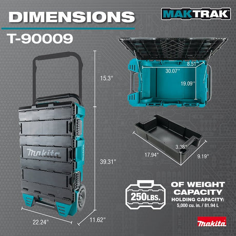 Makita T-90009 Rolling Tool Chest, 250 lb, 19.09 in OAW, 8.51 in OAH, 30.07 in OAD, Copolymer/Plastic/Resin, Teal