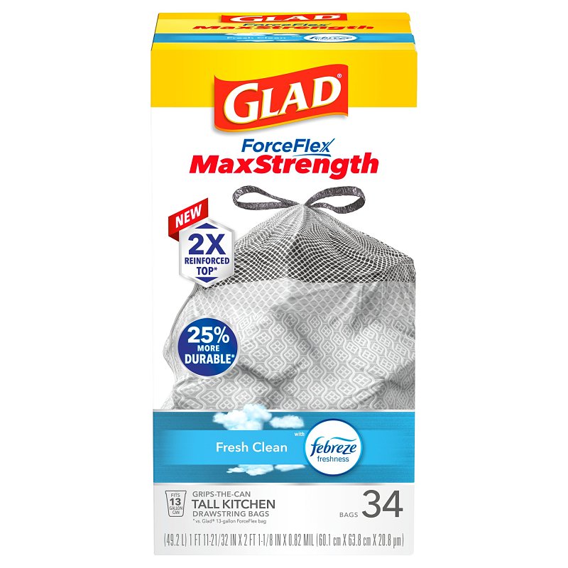 Glad 70320 Trash Bag, 13 gal, Plastic, Pack of 6