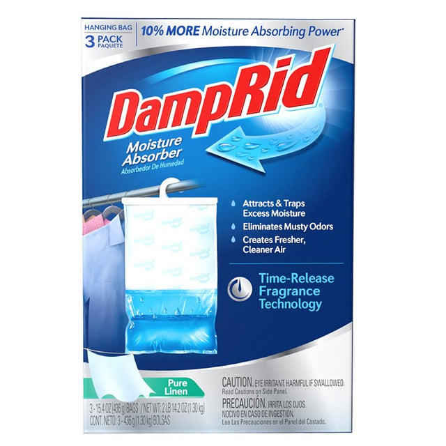 DampRid FG83PLSB Moisture Absorber, 15.4 oz Hanging Bag, Flake, Pellet, Odorless, Pure Linen, Pack of 4