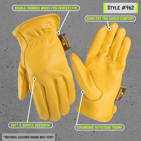 Wells Lamont 962-M Gloves, Men's, M, Keystone Thumb, Deerskin Leather, Gold/Yellow