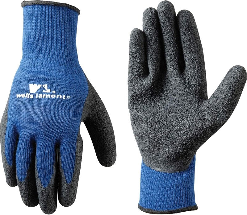 Wells Lamont 524M Work Gloves, Men's, M, Knit Cuff, Latex Coating, Cotton/Polyester Glove, Black/Blue