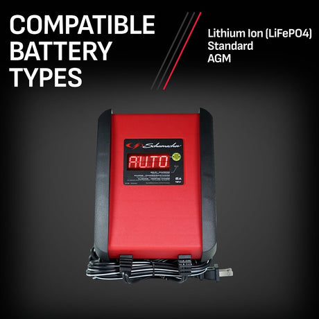 Schumacher SP1298 Automatic Battery Charger, 12 V Output, 12/6 V Battery, 6 A Charge, Red