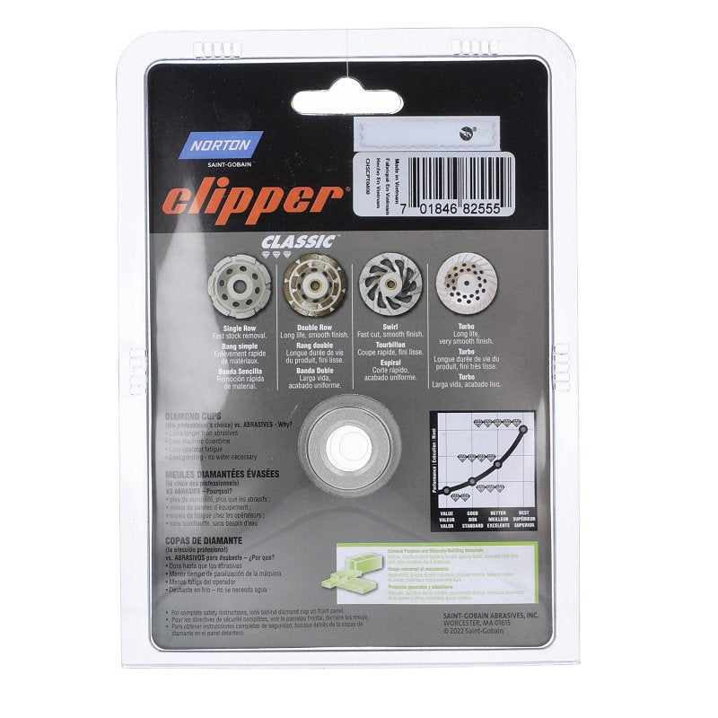 Norton Clipper 70184682555 Classic General-Purpose Cup Wheel, 4 in Dia, 0.21 in Thick, 5/8 in Arbor