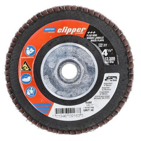 Norton Clipper 70184609163 Flap Disc, 4-1/2 in Dia, 5/8-11 Arbor, 40 Grit, Coarse, Zirconia Alumina Abrasive
