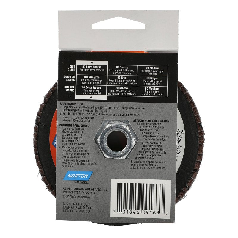 Norton Clipper 70184609163 Flap Disc, 4-1/2 in Dia, 5/8-11 Arbor, 40 Grit, Coarse, Zirconia Alumina Abrasive