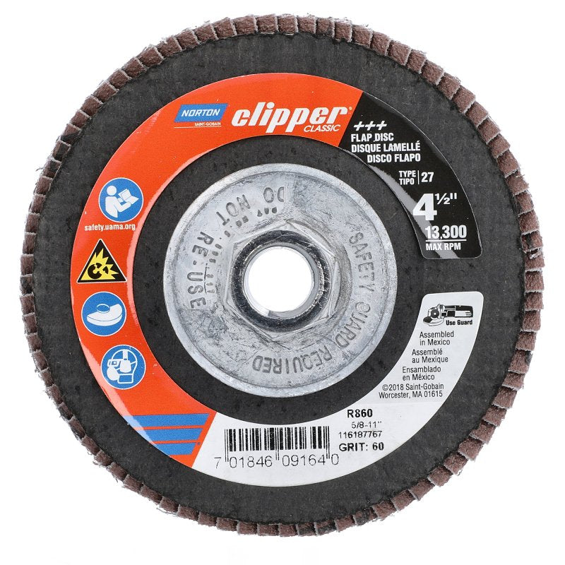 Norton Clipper 70184609164 Flap Disc, 4-1/2 in Dia, 5/8-11 Arbor, 60 Grit, Coarse, Zirconia Alumina Abrasive
