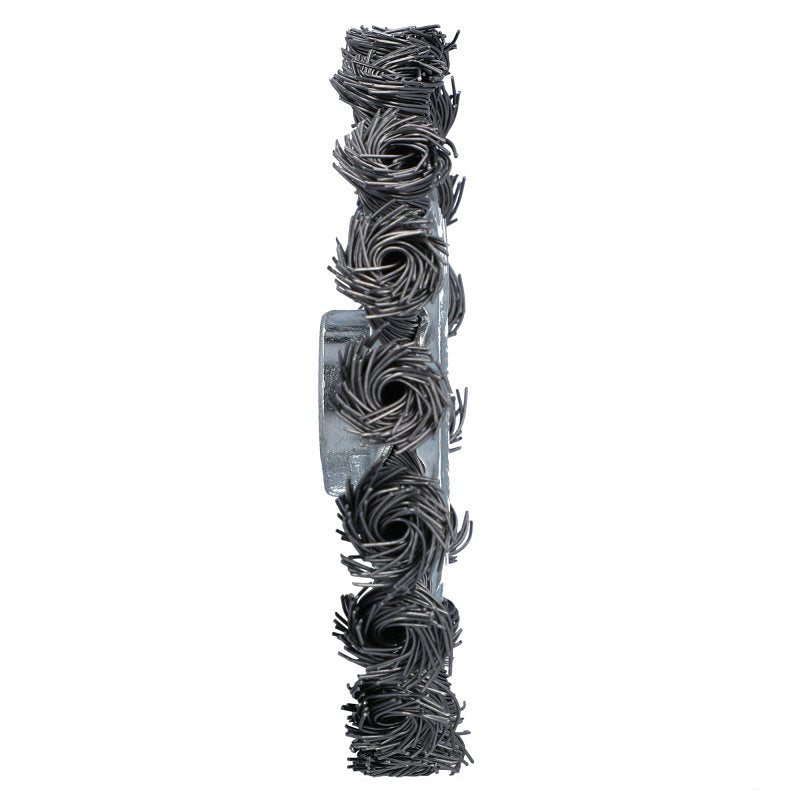 Norton 70184609154 Wire Wheel Brush, 4 in Dia, 5/8 in Arbor/Shank, Knotted Bristle, 0.02 in Dia Bristle