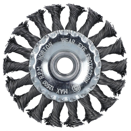 Norton 70184609154 Wire Wheel Brush, 4 in Dia, 5/8 in Arbor/Shank, Knotted Bristle, 0.02 in Dia Bristle