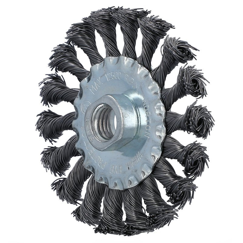 Norton 70184609154 Wire Wheel Brush, 4 in Dia, 5/8 in Arbor/Shank, Knotted Bristle, 0.02 in Dia Bristle