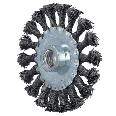 Norton 70184609154 Wire Wheel Brush, 4 in Dia, 5/8 in Arbor/Shank, Knotted Bristle, 0.02 in Dia Bristle