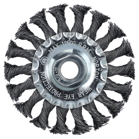 Norton 70184609154 Wire Wheel Brush, 4 in Dia, 5/8 in Arbor/Shank, Knotted Bristle, 0.02 in Dia Bristle
