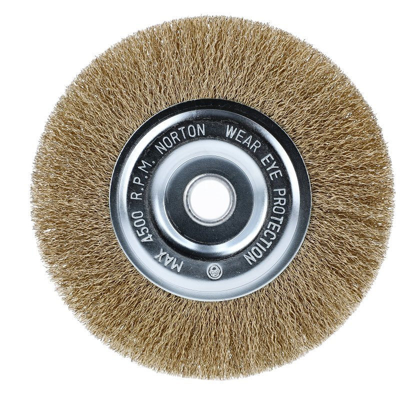 Norton 70184609161 Wire Wheel Brush, 6 in Dia, 1/2 in Arbor/Shank, Crimped Bristle, 0.012 in Dia Bristle