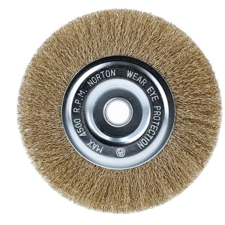 Norton 70184609161 Wire Wheel Brush, 6 in Dia, 1/2 in Arbor/Shank, Crimped Bristle, 0.012 in Dia Bristle